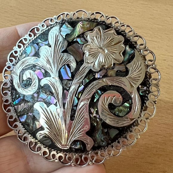 VINTAGE TAXCO HUGE OVERSIZED 925SS INLAID MOTHER OF PEARL FLOWERS PENDANT BROOCH